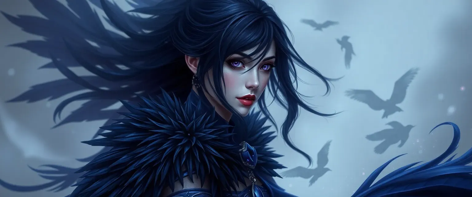 Ethereal woman with midnight black hair, pale skin, violet eyes, wearing an indigo gown and a cloak of raven feathers.