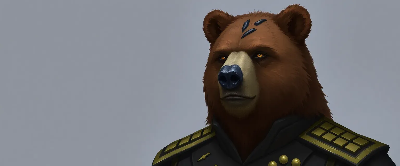 A grizzled bear lieutenant, seven feet tall, with deep brown fur and amber eyes, wearing a military uniform with a scar on his left cheek.