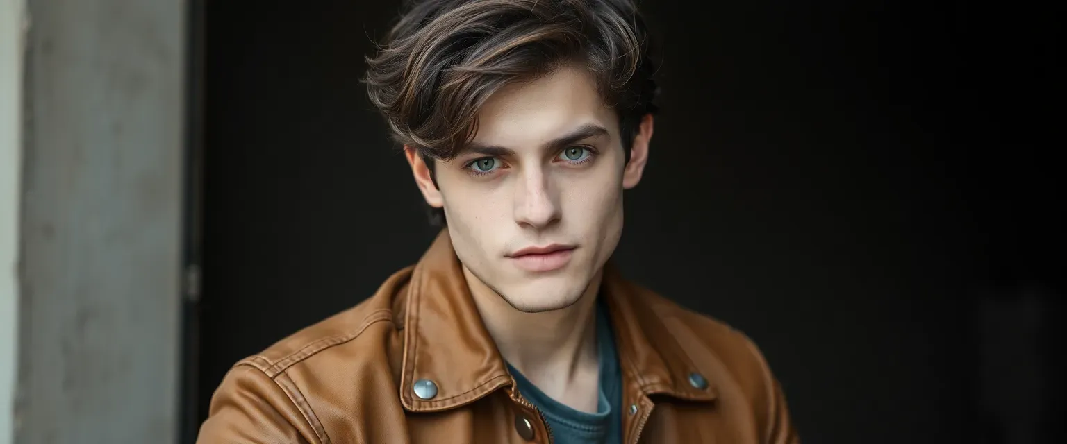 Mid-twenties man with tangled dark brown hair and hazel eyes, wearing a worn leather jacket and faded jeans.