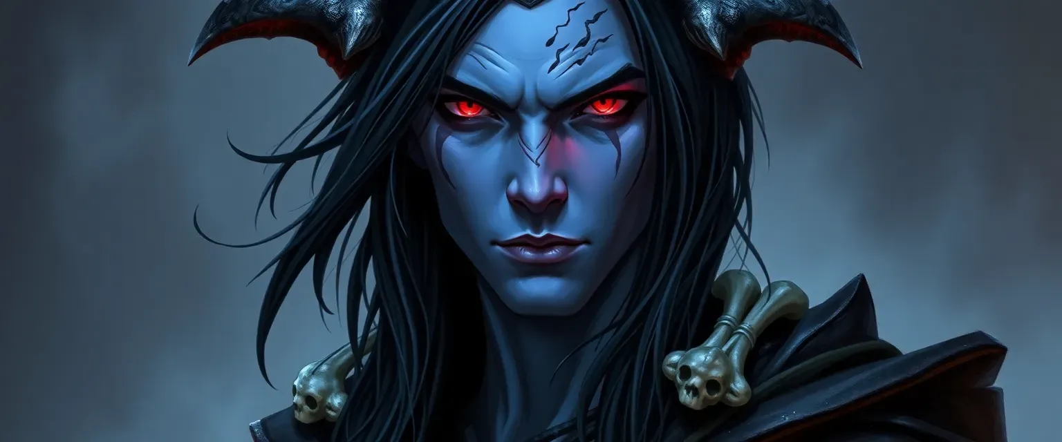 Blue-skinned male drow with crimson eyes, long black hair adorned with bones, wearing dark leathers and a tattered cloak.
