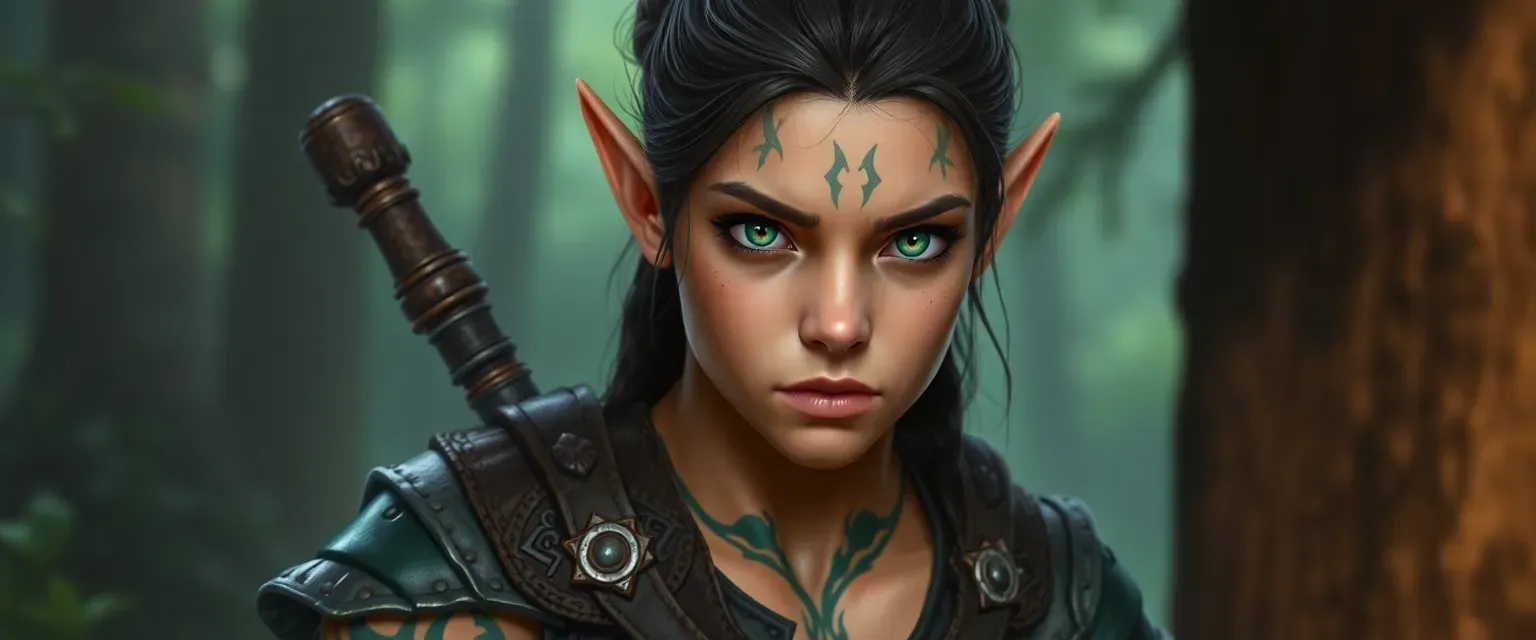 Young wood elf with olive skin, dark brown hair, emerald eyes, and intricate tattoos, wearing forest-toned leather armor.