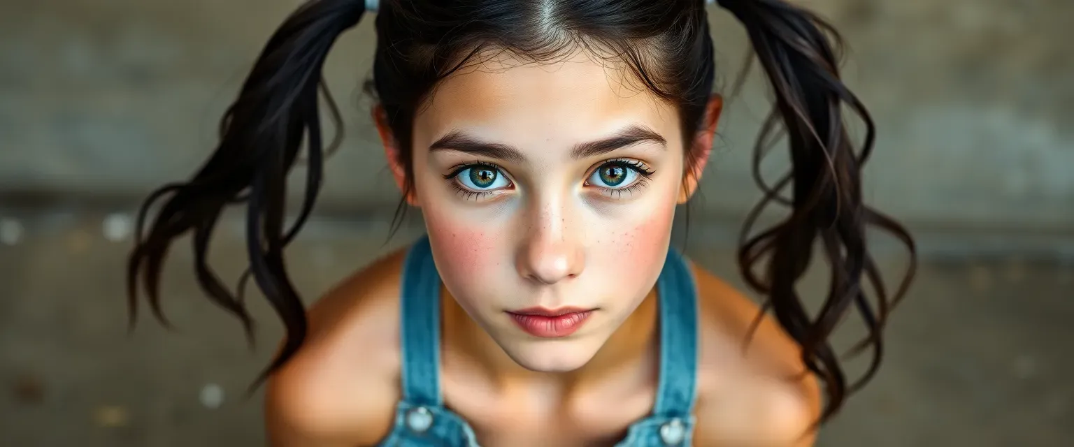 17-year-old girl with dark chocolate hair in ponytails, central heterochromia eyes, porcelain skin, freckles, wearing denim shorts, white crop top, and sneakers.