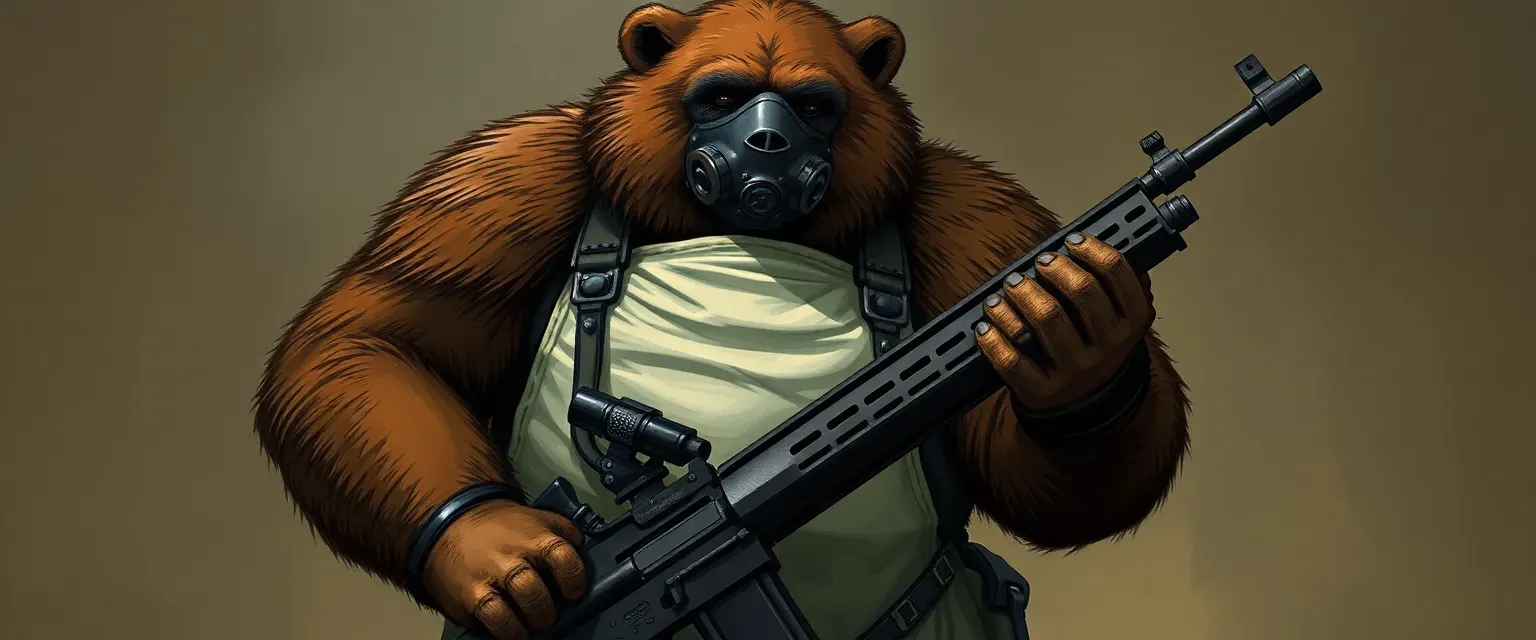 A grizzled bear, seven feet tall, wearing a gas mask, holding a rifle, with a chef's apron over combat gear.