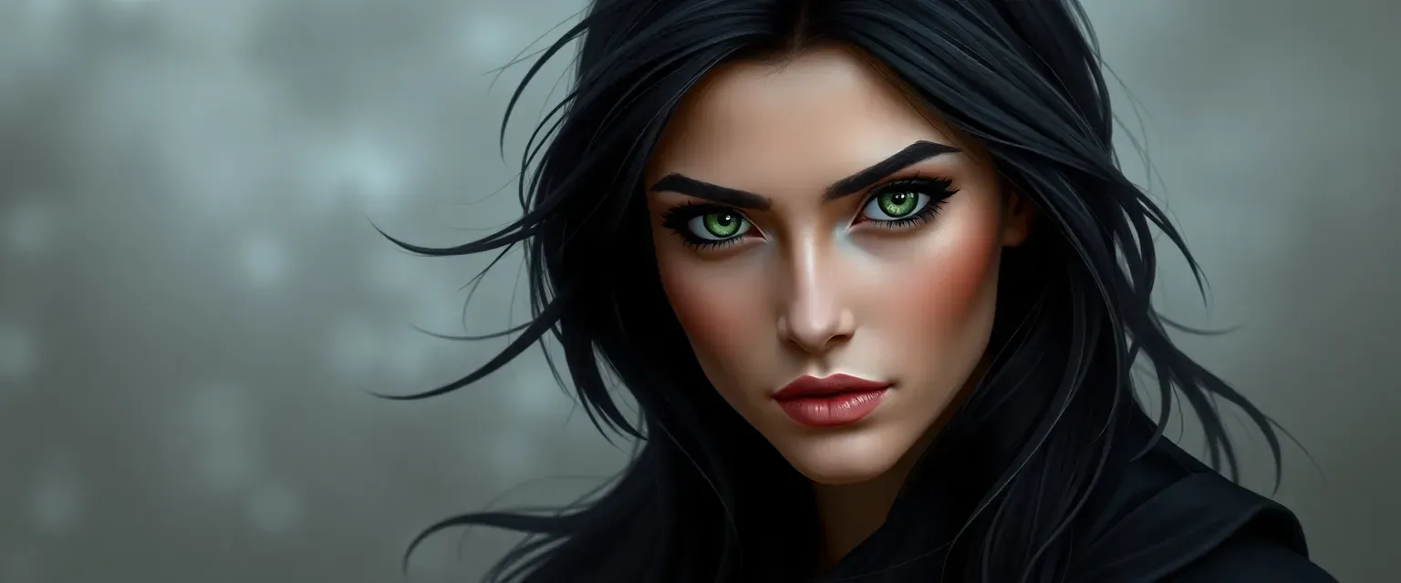 Late twenties woman with jet-black hair and piercing green eyes, slender, wearing dark flowing garments.