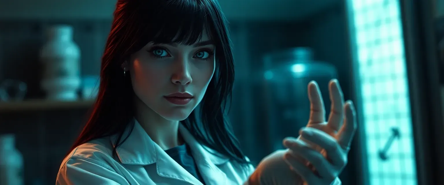 42-year-old female, black hair, sharp eyes, lab coat, gloves, eerie demeanor.