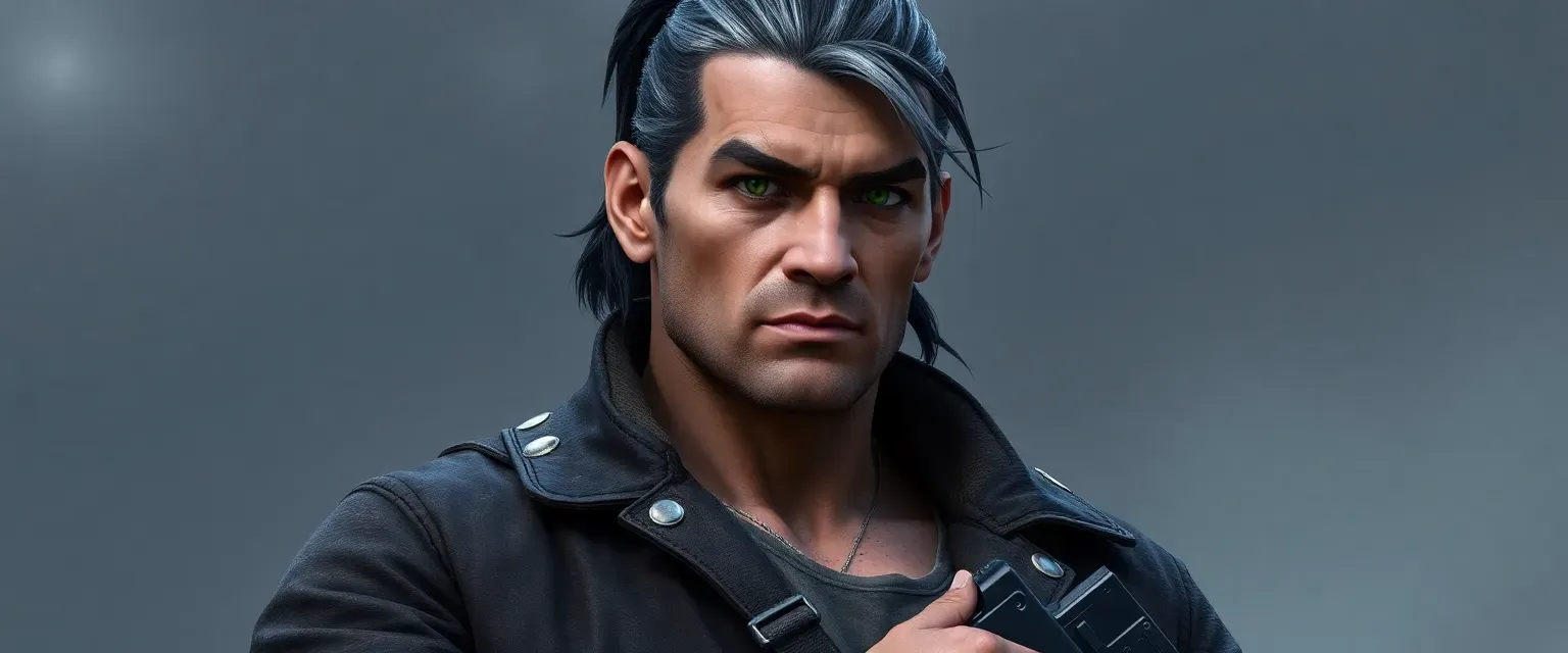Tall, muscular man in his late 30s with tanned skin, scars, green eyes, gray-streaked black hair in a ponytail, wearing a weathered leather jacket with patches, armed.