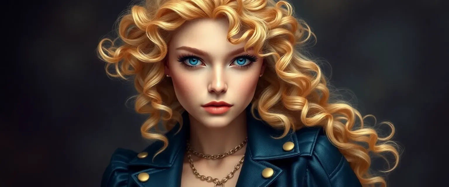 21-year-old Victoria with golden curls, flawless skin, and a perfect body, dressed in designer clothes.