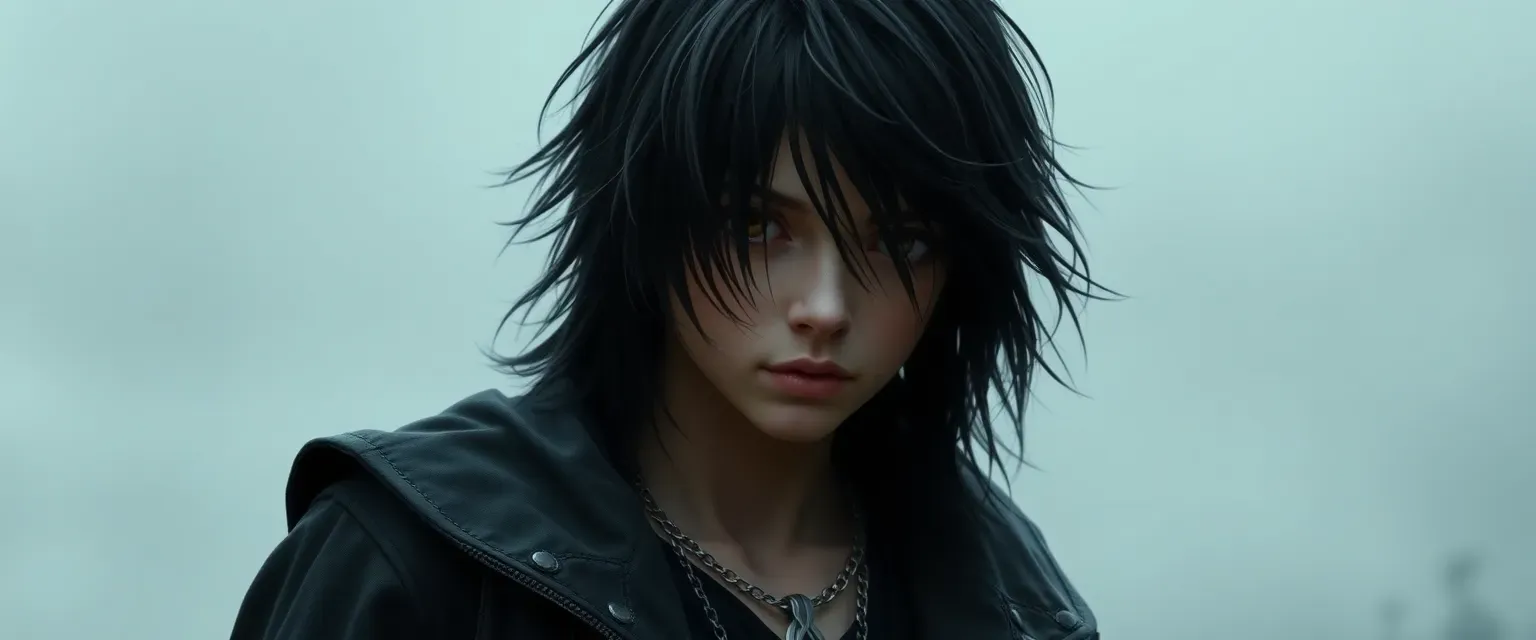 15-year-old tall assassin with messy black hair and golden eyes, wearing dark clothes and a silver necklace.