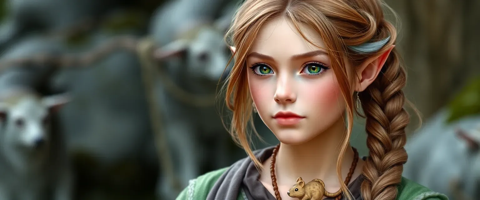Young half-elf woman with chestnut and silver hair in a braid, wearing green and brown monastic and druidic robes, with a wooden mouse pendant.