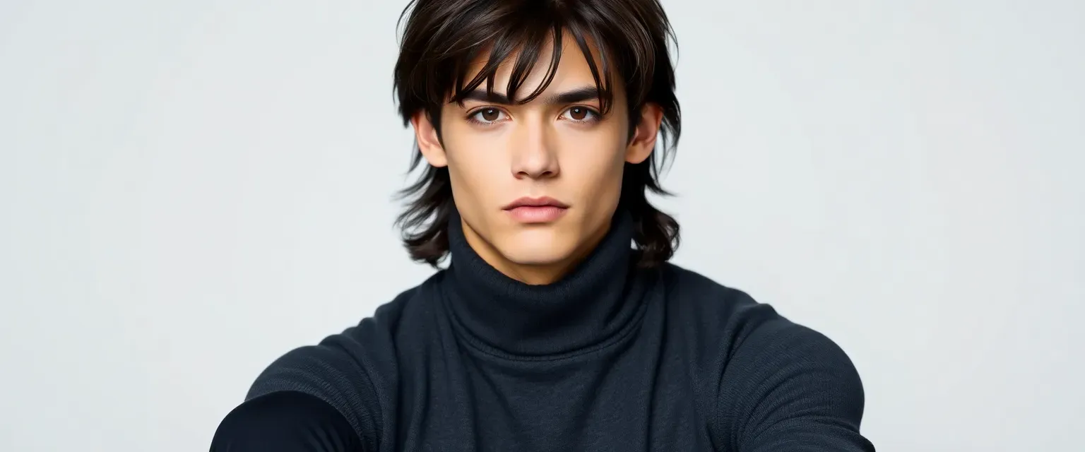 17-year-old male with light-fair skin, muscular build, shoulder-length messy black hair, and a shy expression. Wears a dark gray turtleneck and black pants.