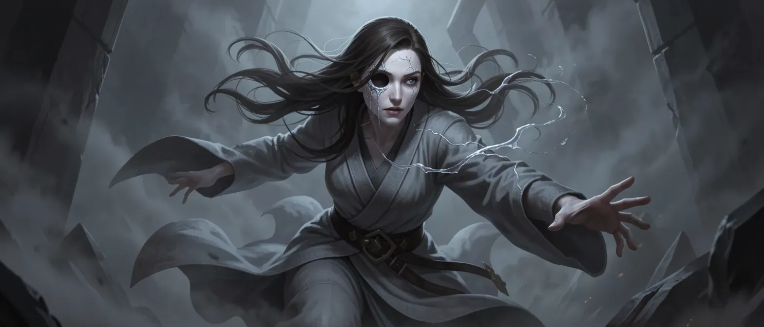 Young woman with one empty eye socket, silvery blood traces, gray robes, pale skin, in foggy darkness