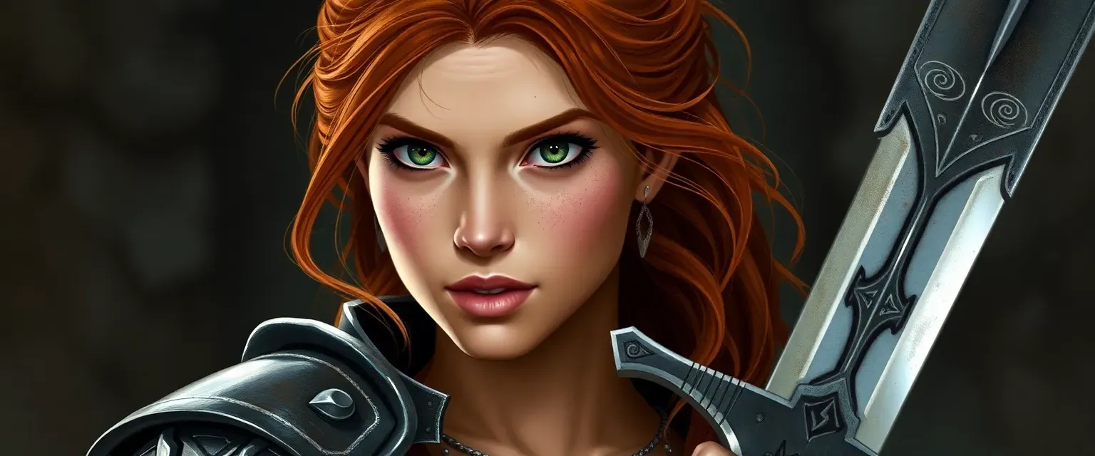 Young woman, almond skin, auburn hair, green eyes, half plate armor, sword.
