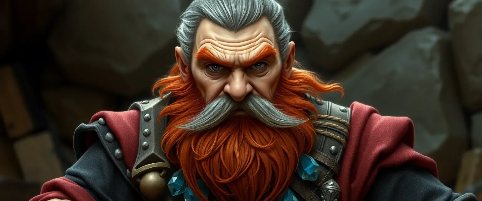 Middle-aged dwarf with gray-streaked red beard, muscular build, wearing merchant's attire adorned with crystals.