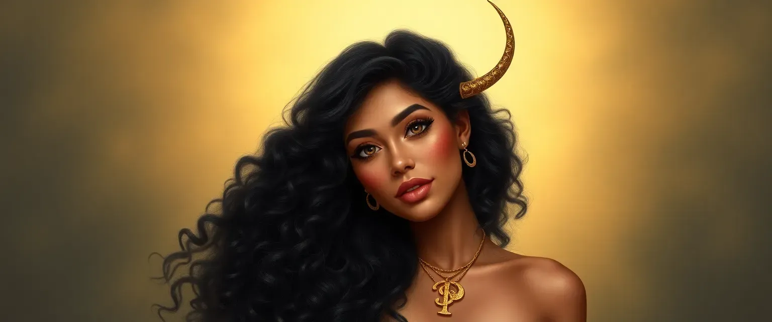 18-year-old fae princess, 5ft6, pear-shaped, light caramel skin, long curly black hair, chocolate brown eyes, multiple piercings, gold P pendant.