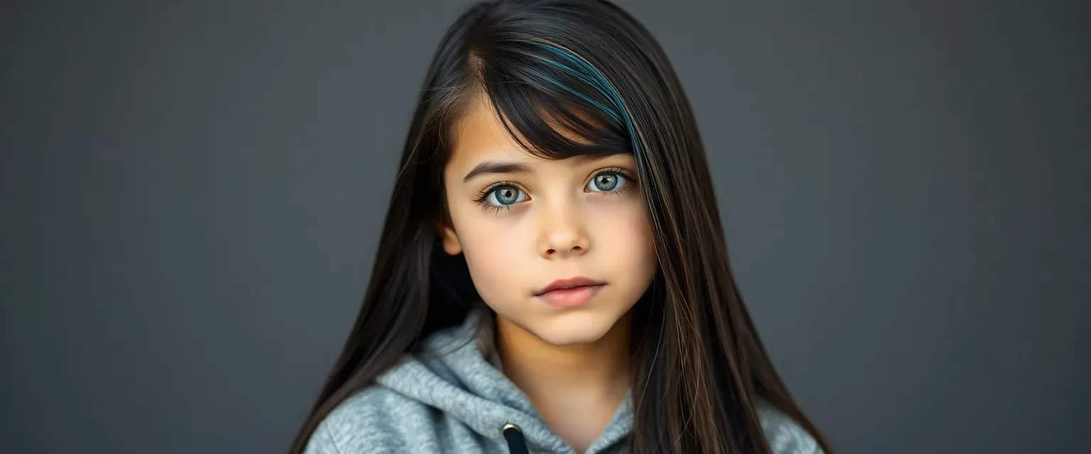 13-year-old girl with golden shimmering skin, stormy gray eyes, long black hair with blue tips, wearing a gray hoodie, black jeans, and white Converse.