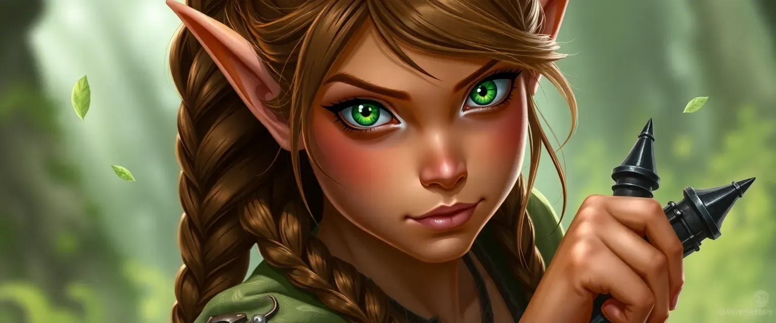 Young wood elf with caramel skin, chestnut hair in a braid, emerald eyes, wearing forest greens and browns.