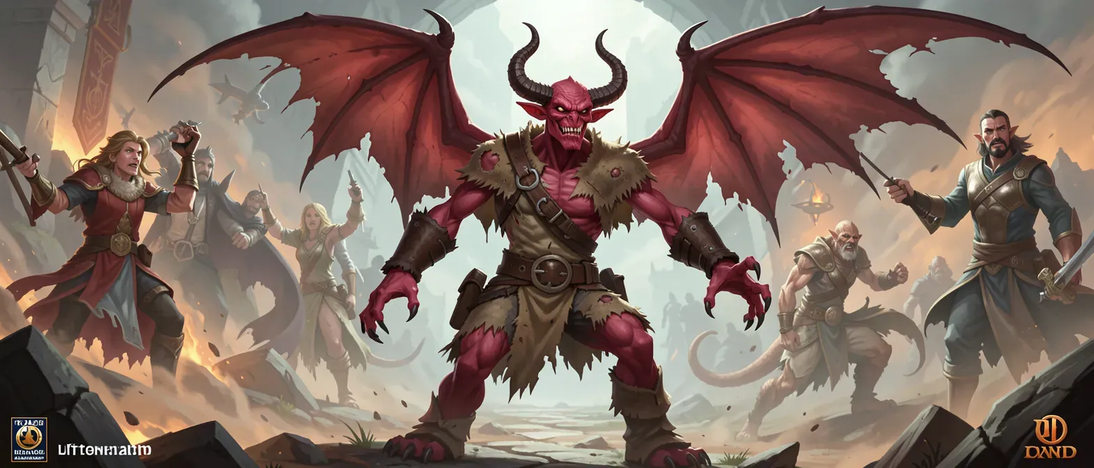 Scrawny crimson-skinned demon, about 5 feet tall, with stubby curved horns, tattered bat-like wings, wearing patched imp-hide leathers, clicking claws nervously.