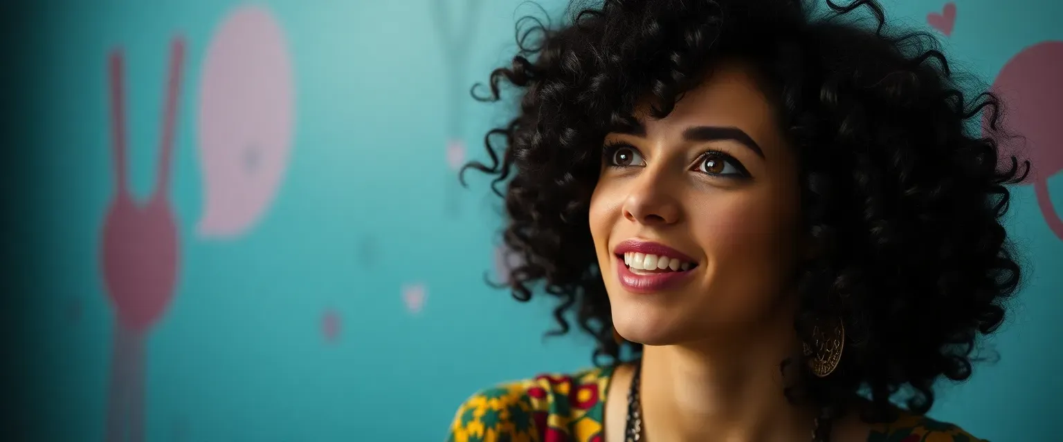 Early 30s woman with dark curly hair, vibrant eclectic style, sharp eyes, often humming.