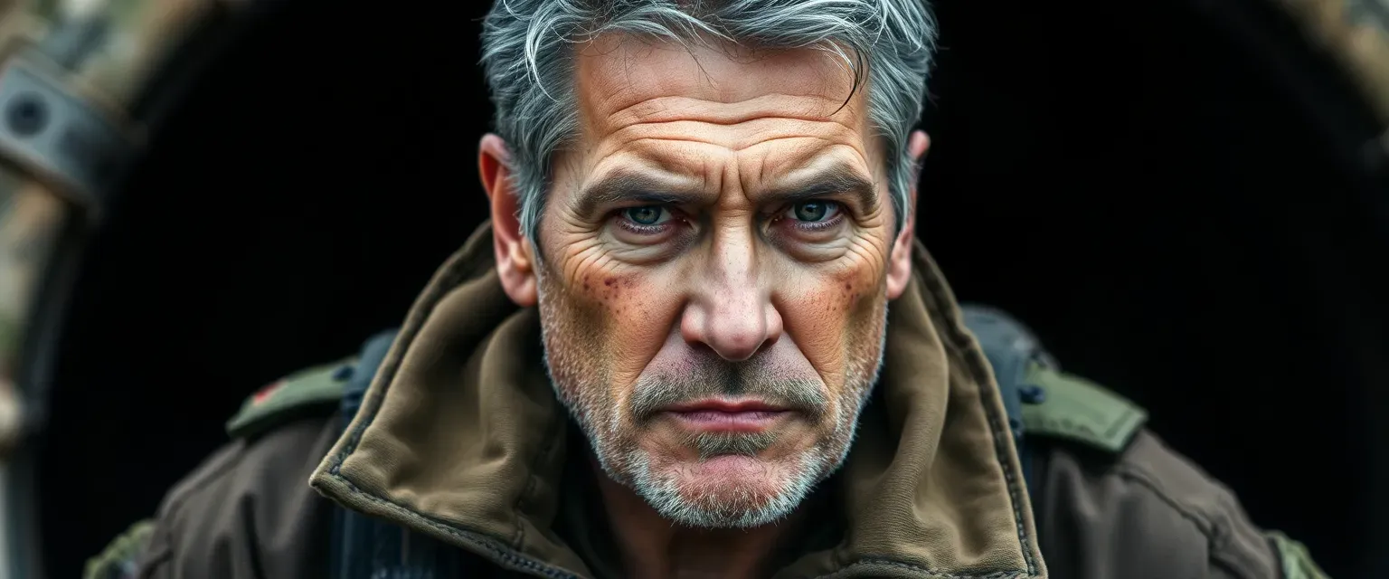 Mid-50s man, rugged, broad-shouldered, military bearing, graying dark hair, steel-gray eyes, tactical clothing, scarred face.