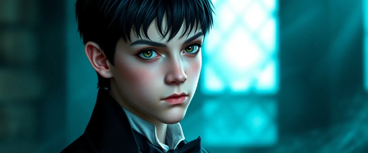 15-year-old vampire boy with jet-black hair, piercing blue eyes, and pale skin, wearing dark formal attire.