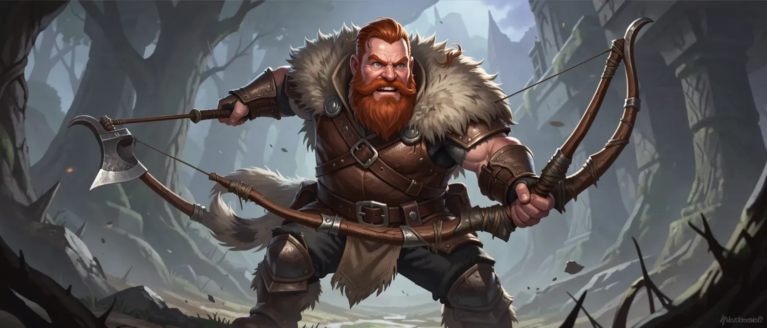 Stocky dwarf, 45, thick auburn beard, storm-gray eyes, leather armor with wolf pelt cloak, carrying bow and axe.