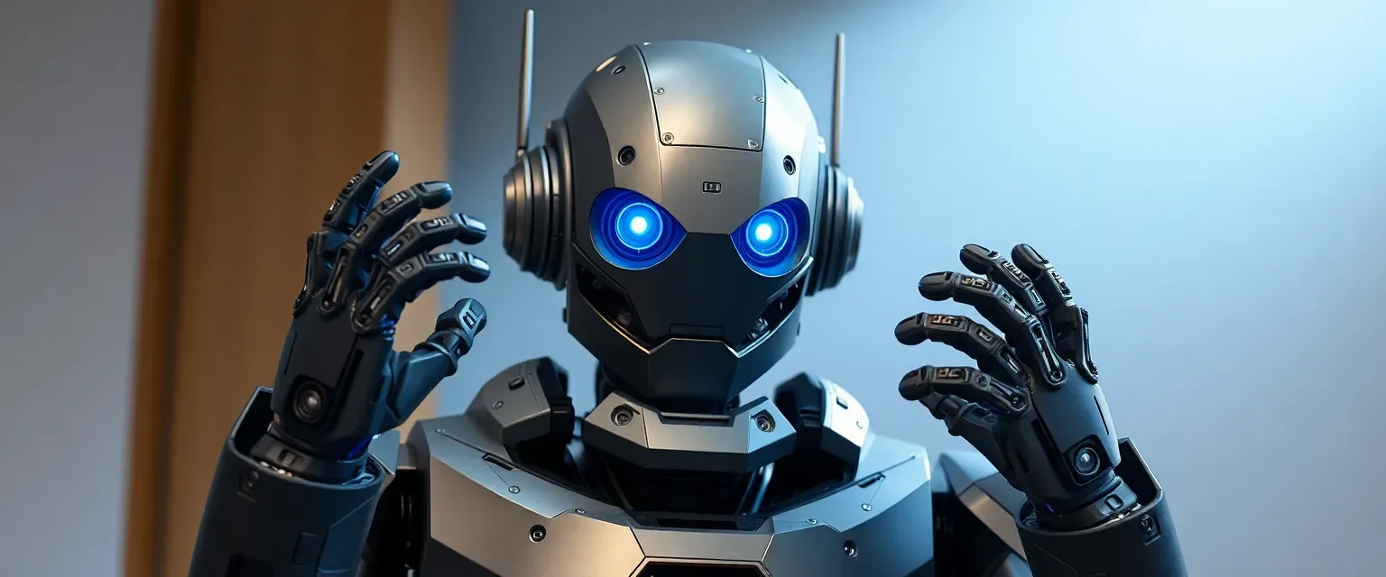 A six-foot tall robot with a matte gray finish, blue glowing optics, and multi-tool hands, humming classical music.