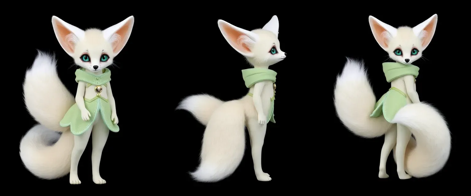 Petite Fennec Fox in human form, 3.5-4ft tall, snow-white fur on tail and ears, emerald eyes, pastel attire.