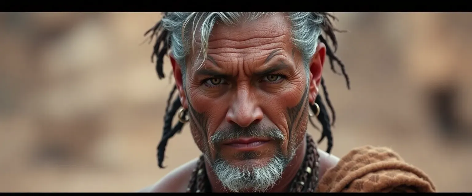 A robust Xaela man in his late forties with gray-streaked hair, tribal tattoos, and amber eyes, wearing traditional Auri leathers.