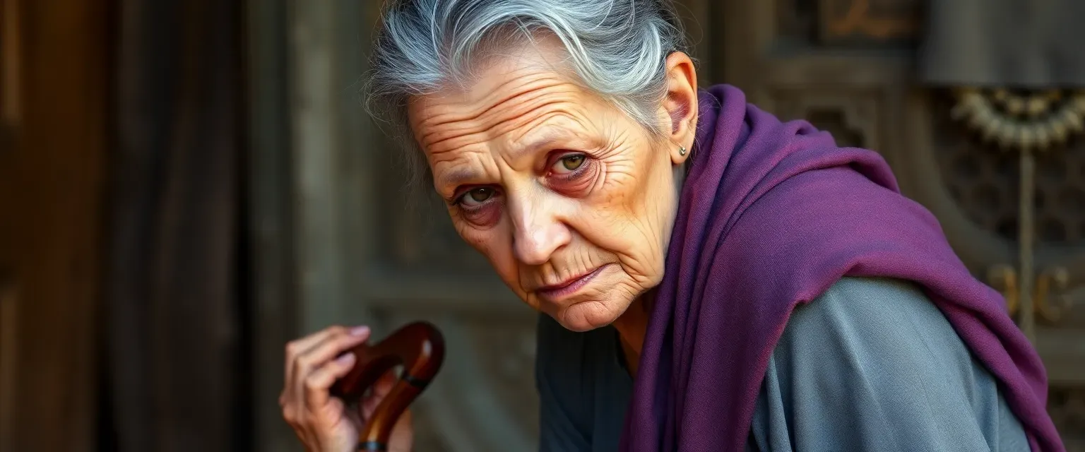 Short, 45-year-old woman with hunched back, using a cane. Wears a thin purple shawl over a gray dress. Overly tanned, wrinkled skin, murky brown eyes.