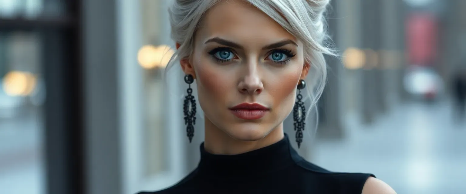 A 32-year-old woman with porcelain skin, silver hair in an updo, ice-blue eyes, wearing a sleek black dress with subtle deadly accessories.