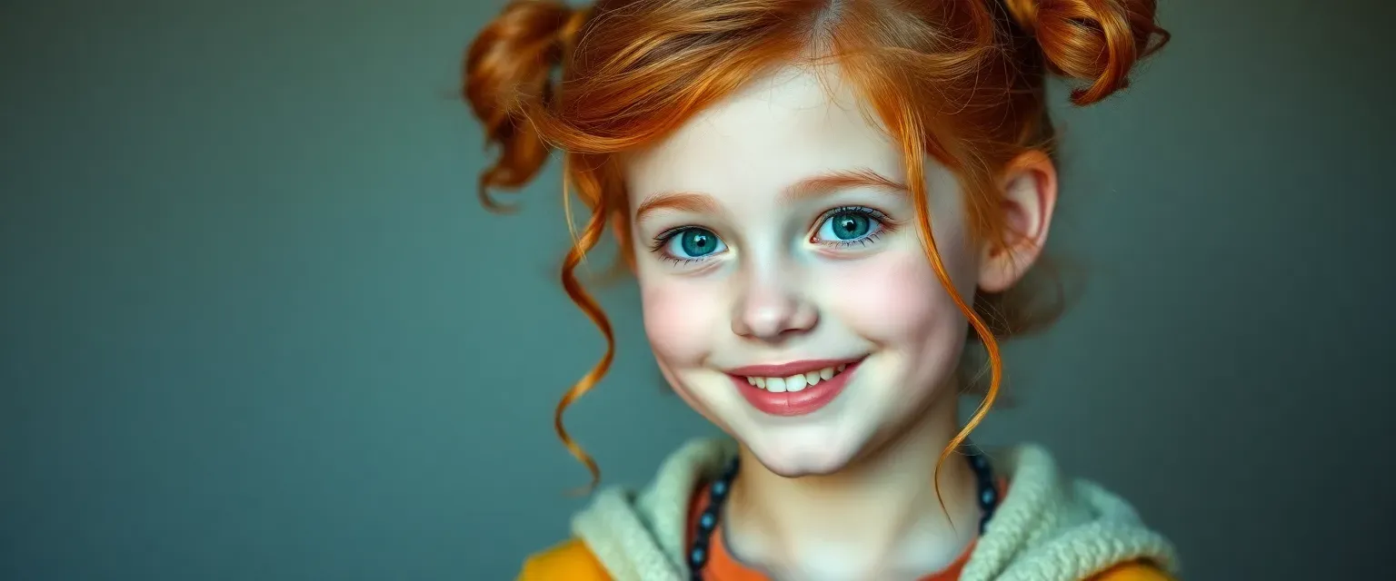 13-year-old girl with bouncy red hair and joyful features, wearing outlandish clothes, emerald green eyes.