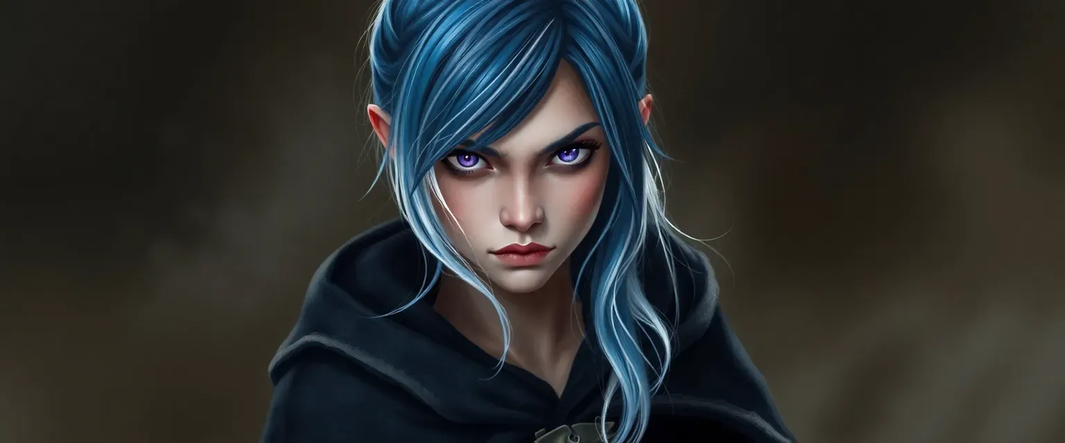 Young woman with blue and white hair turning black when angry, violet eyes, wearing a mood-shifting cloak and sturdy boots.