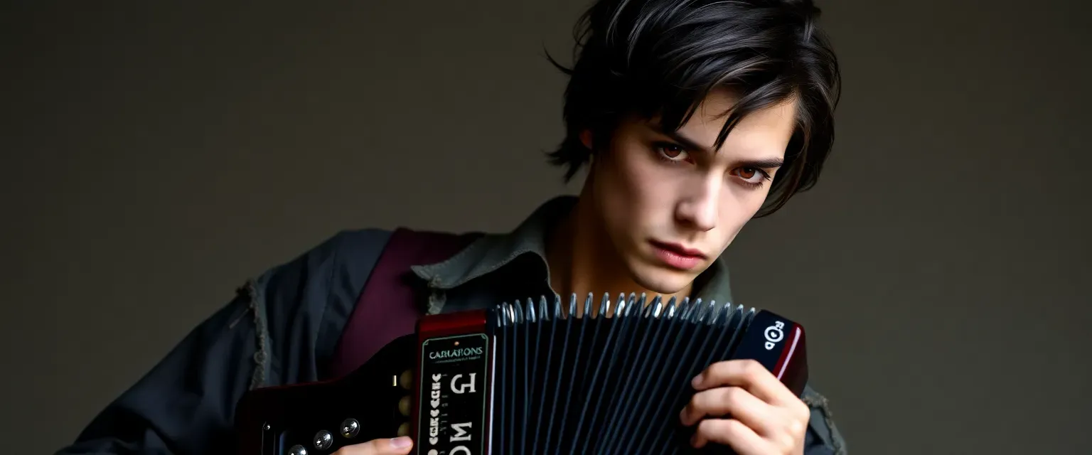 Young man with dark hair and red eyes, dressed in tattered performer's attire, playing a bandoneon.