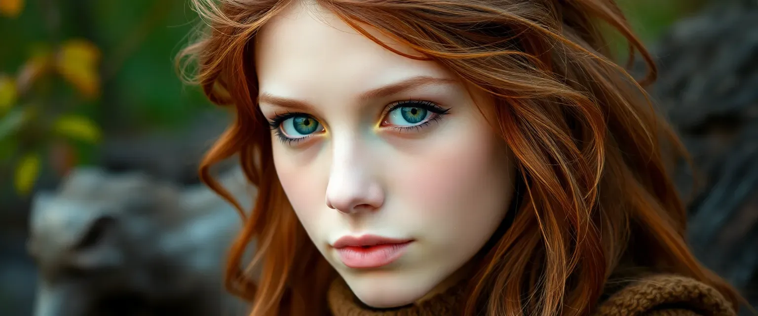 Autumn-haired, green-eyed young adult with a serene, thoughtful expression, dressed in earthy tones, surrounded by nature.