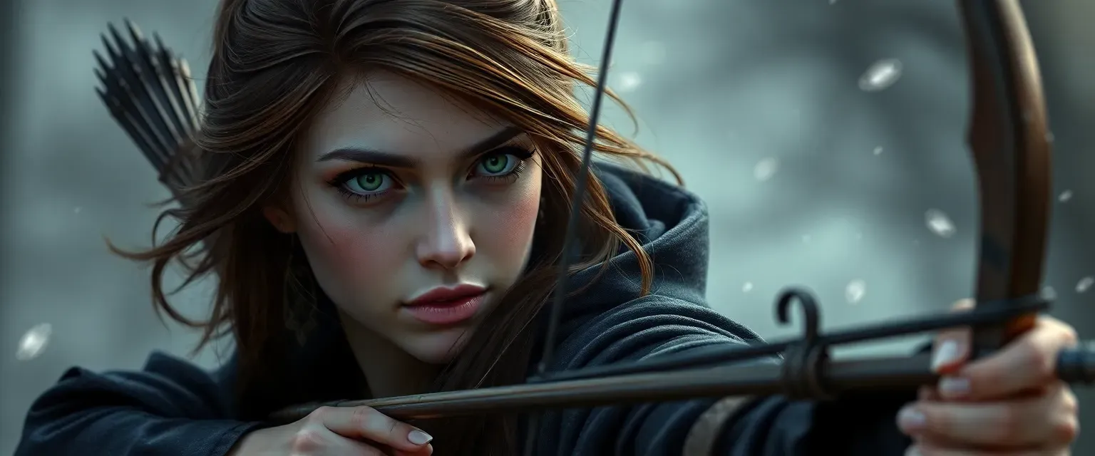 20-year-old female vampire with brown hair and green eyes, wearing a dark cloak, skilled with a bow.