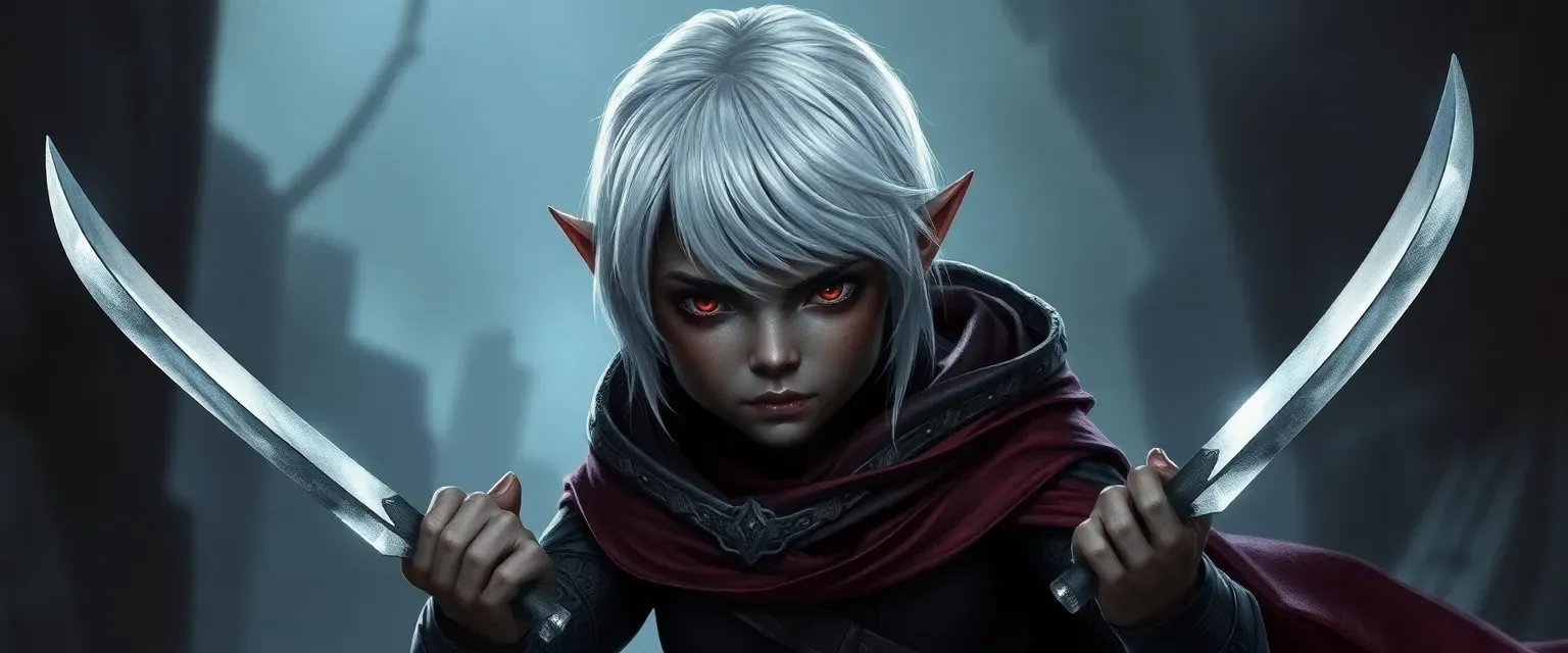 Dark elf assassin, 2500+ years old, looks like a 6-year-old girl with short white hair and dark skin, dual daggers.