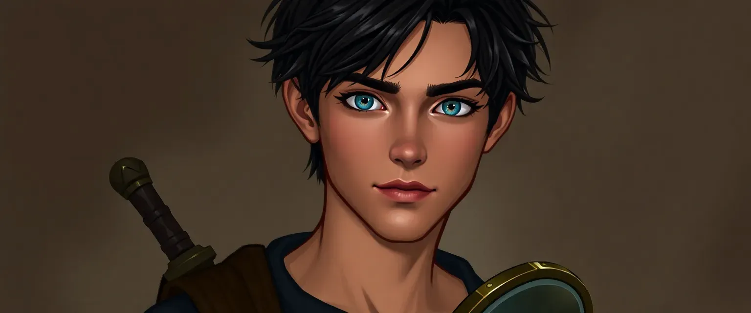 Mid-20s, lean, dark brown tousled hair, blue eyes, casual dark attire, small scar above left eyebrow, carrying a polished mirror.