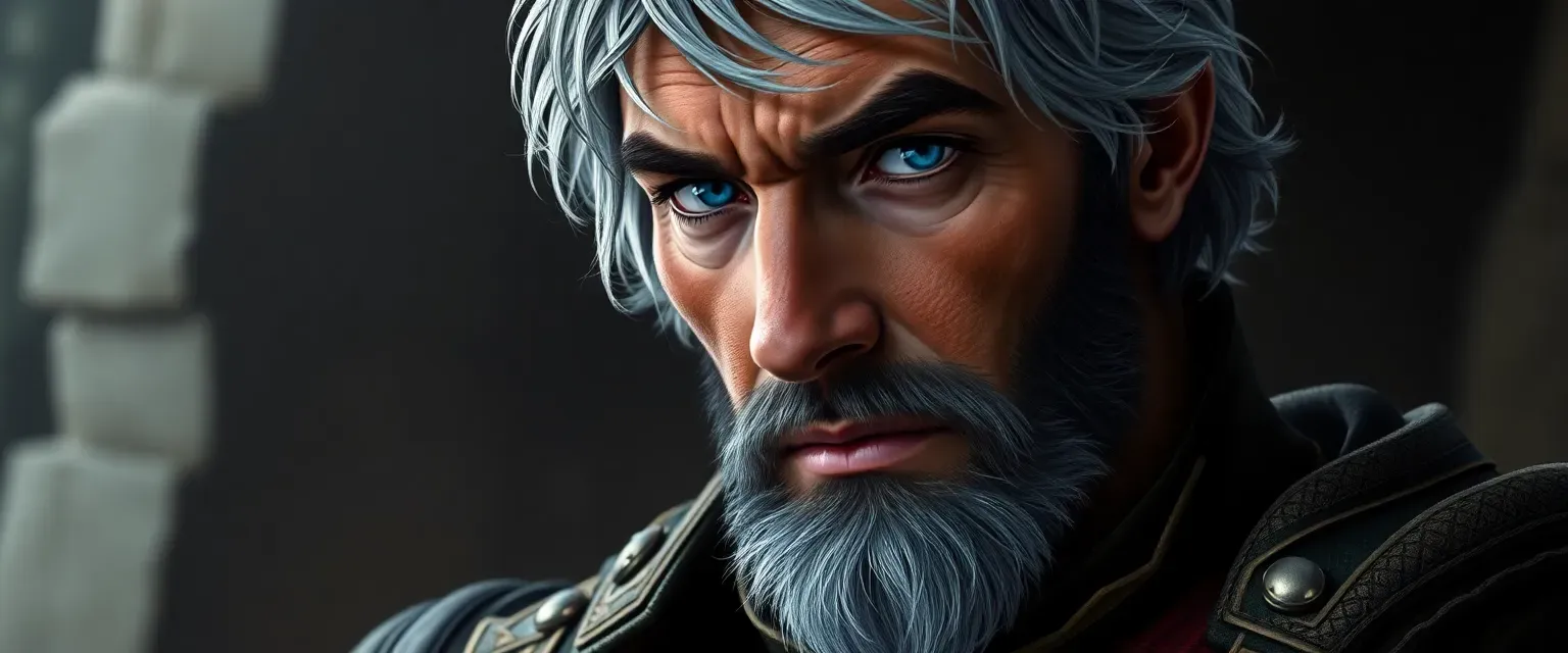 A seasoned Byzantine officer in his early 40s, with gray-streaked hair and piercing blue eyes, wearing a well-maintained uniform with rank insignia.