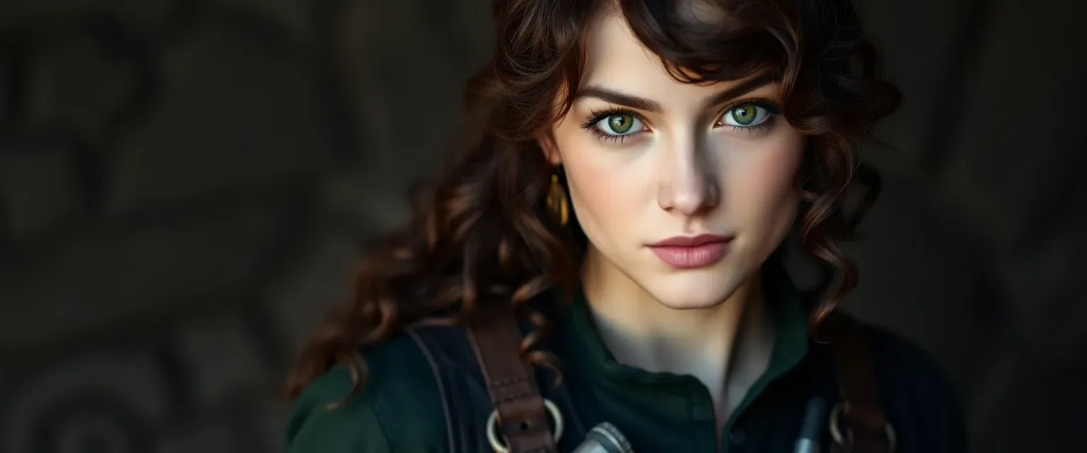 22-year-old woman with dark chestnut curls, green eyes, wearing a dark leather vest and green tunic, with a belt holding various tools.