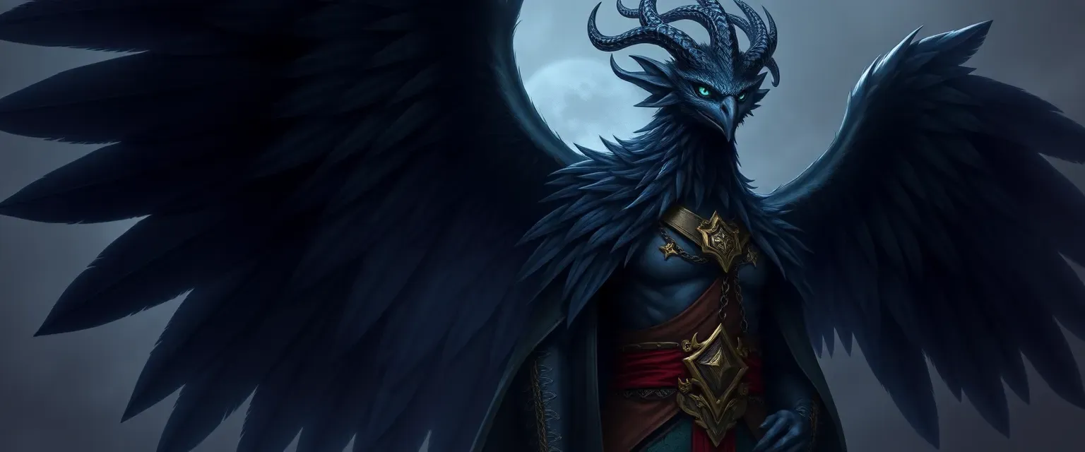 Tall Aracocra with midnight black and deep blue feathers, aquamarine eyes, wearing noble attire, robust physique.
