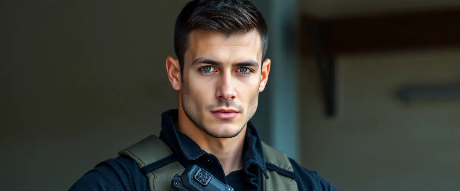 28-year-old athletic male bodyguard, short black hair, grey eyes, rugged jawline, wearing tactical clothing, lightly-tanned skin, military posture, professional demeanor