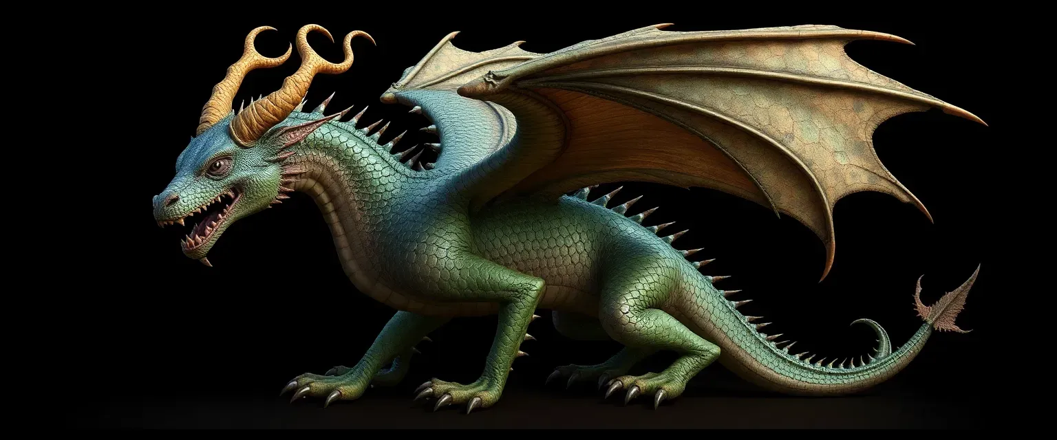 Ancient dragon with iridescent scales, swirling horns, and a long tail with retractable barbed spikes. Slightly torn wing membranes.