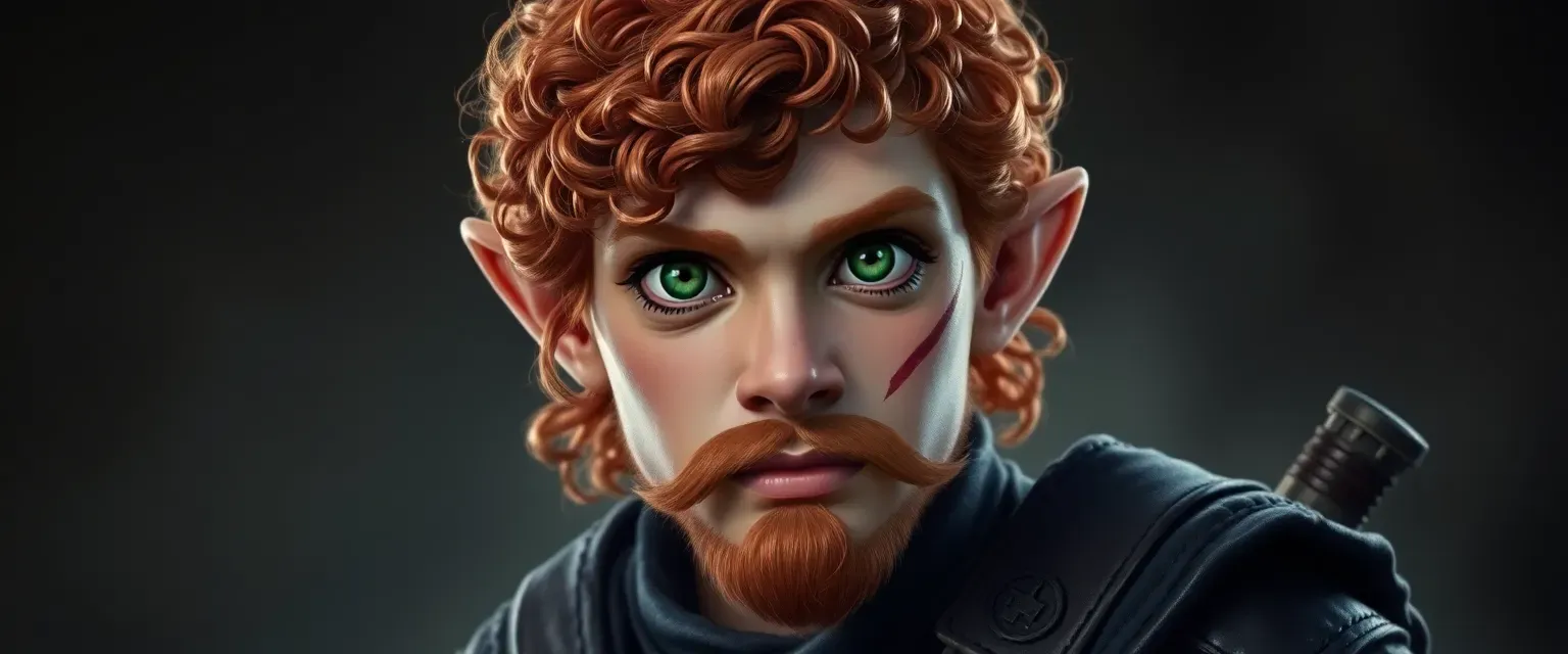 Green-eyed, curly red-haired halfling rogue with a scar on his face and a goatee, dressed in dark leathers.