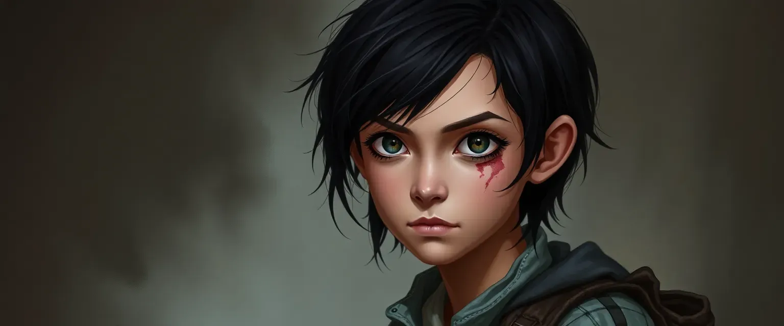Sixteen-year-old street urchin with sharp eyes, black hair, and a scar. Wears mismatched, tattered clothes.