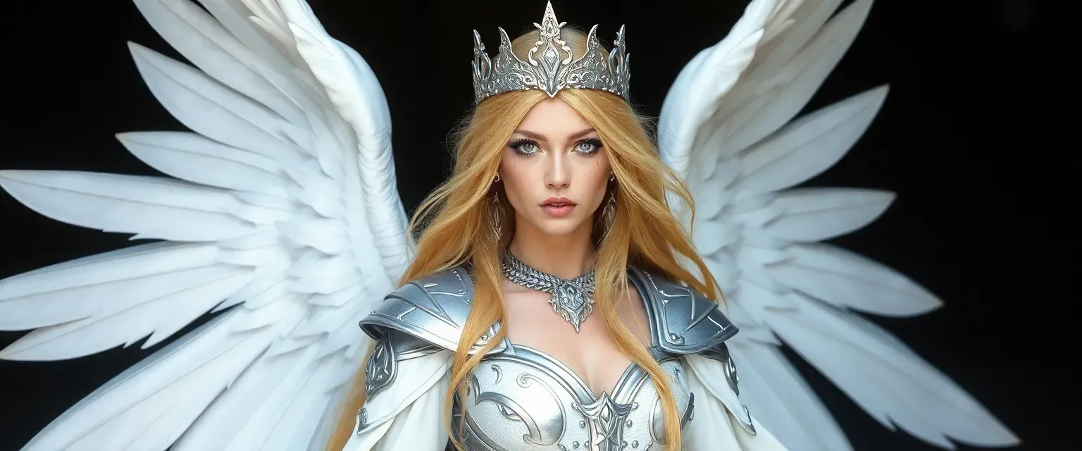 Ethereal woman with long golden hair, silver crown, grey eyes with sun ray marks, white dress, silver armor, three sets of large white wings.