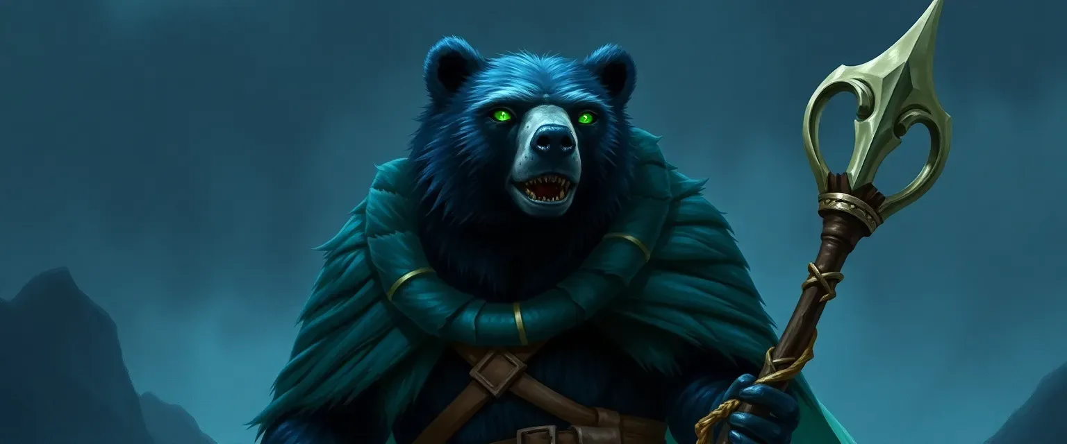 A tall bear with midnight blue fur and piercing green eyes, wearing a sea serpent hide cloak and carrying a bone staff.