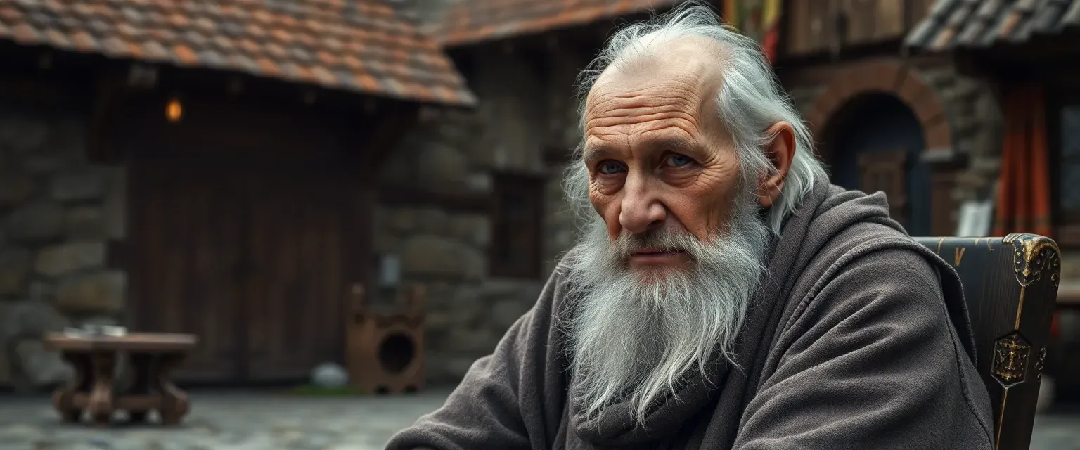 An ancient Slavic man, over 100, mute, toothless, deeply wrinkled, sitting in a village square.