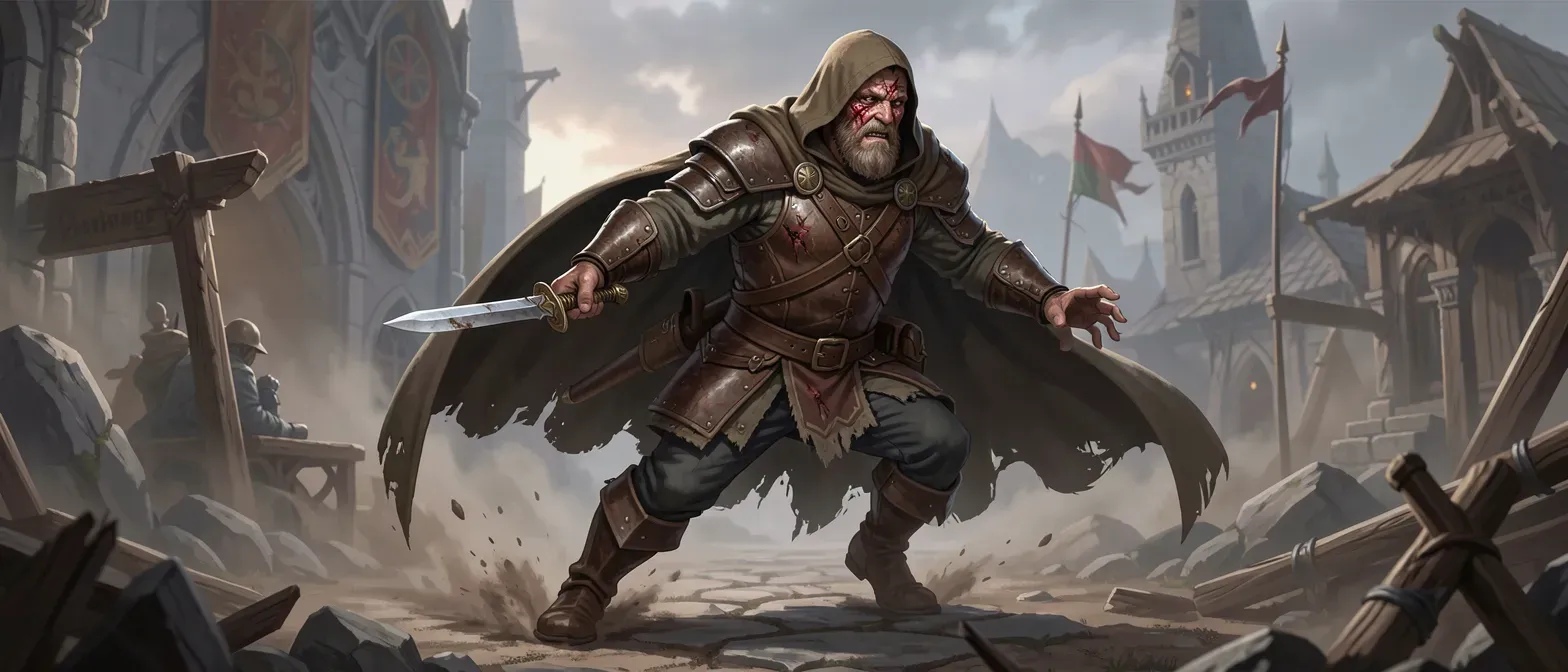 Grizzled 40-year-old medieval rogue with scarred face, leather armor, hooded cloak, and a limp, holding a dagger.