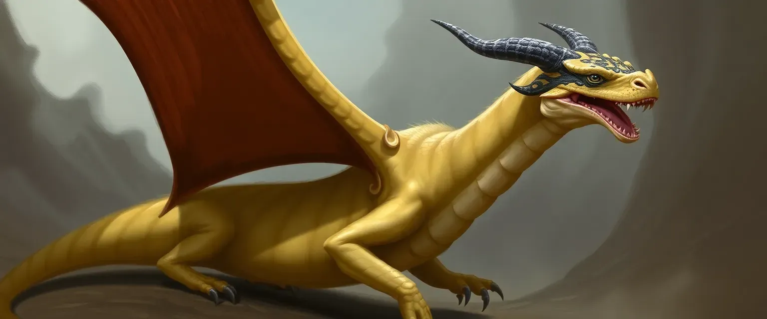 16-year-old male SandWing, pale yellow scales, brown sail, black horns and claws, snake head tattoo covering eyes.
