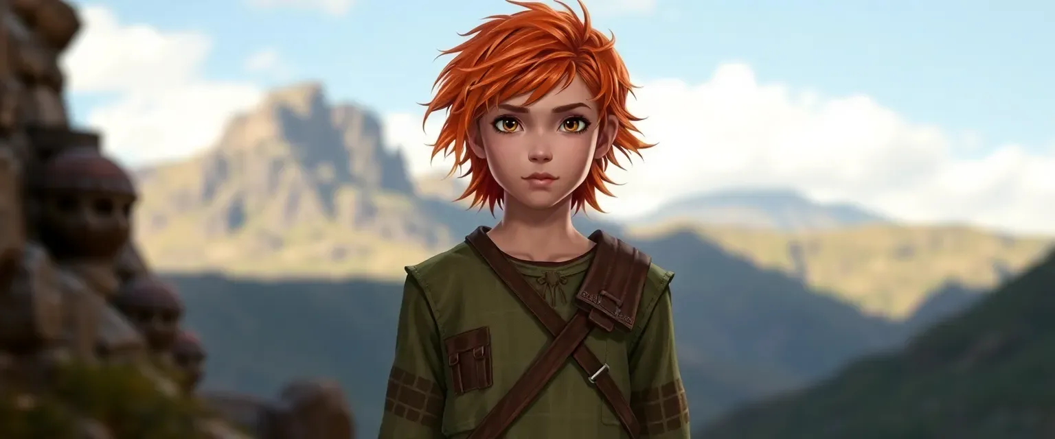Young shepherd, slender, sun-kissed skin, chestnut hair, bright eyes, wearing patched tunic and leather boots.
